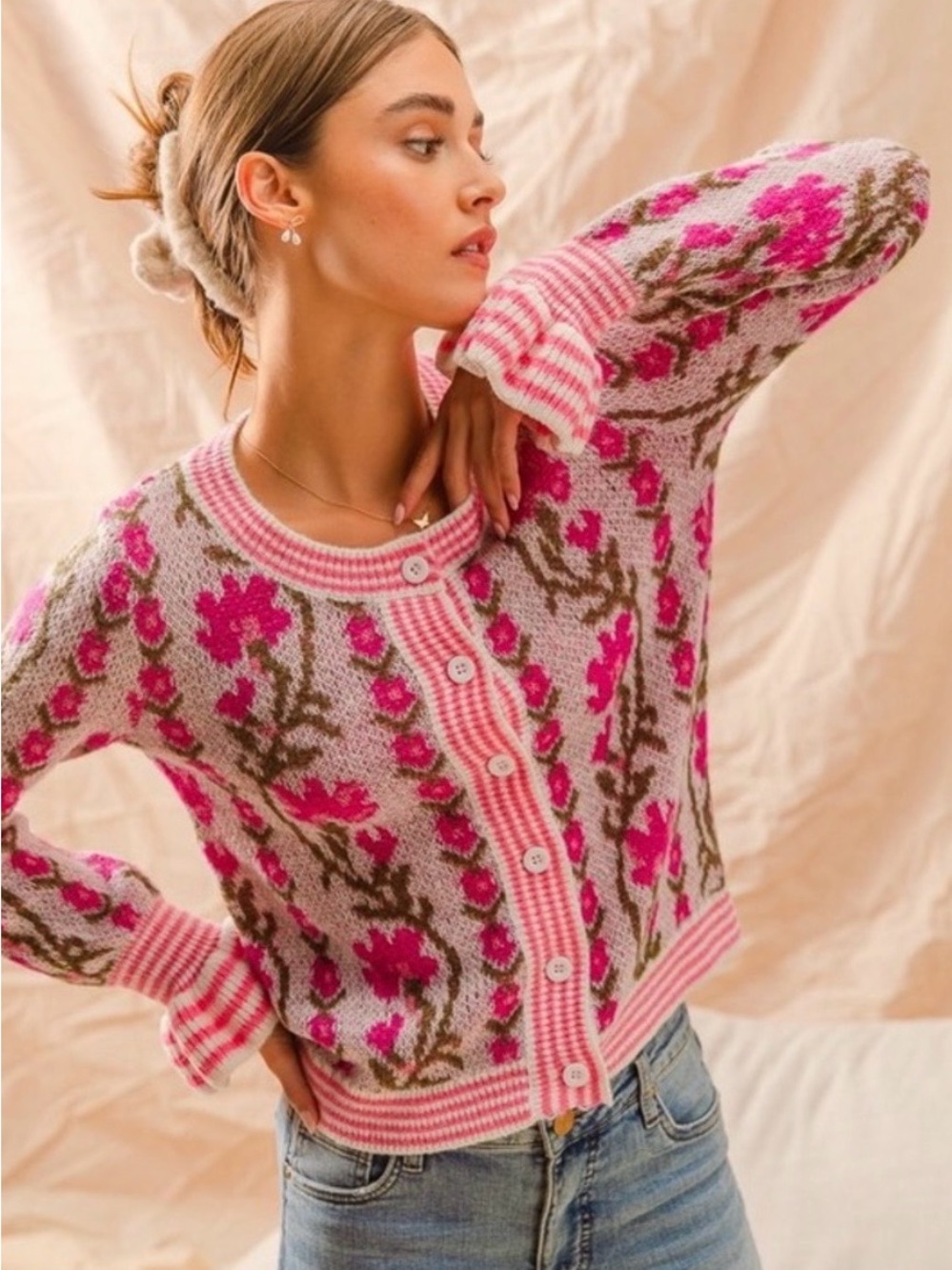 So Me Pink Floral Knit Cardigan